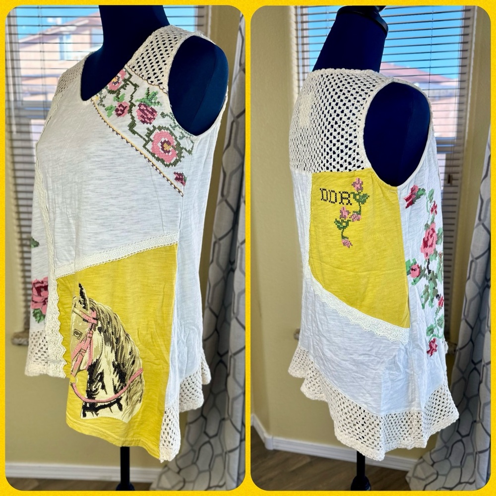 EUC Double D Ranchwear Horse & Flower A-Line Cottagecore Sleeveless Top